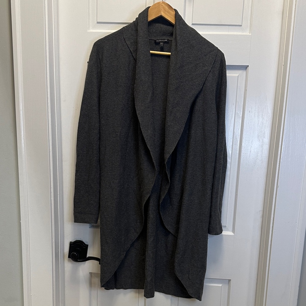 Eileen‎ Fisher Women's Medium Cotton Linen Blend Charcoal Knit Cardigan